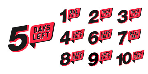 Countdown days to go banner. set of number 10-1 days left badges. countdown icon isolated with red ribbon on white background. promotion sale offer deal timer. vector illustration