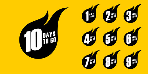 Countdown days left banner. set of number 10-1 days to go badges. countdown icon isolated with sparks - fireball on yellow background. promotion sale offer deal timer. vector illustration