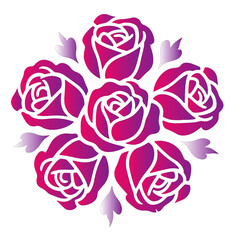 A vibrant illustration of five stylized roses arranged in a circular pattern.