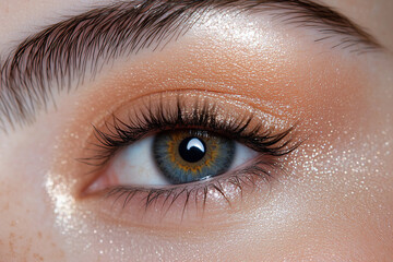 Obraz premium Macro close-up of a woman's blue eyes with fluffy eyelashes and makeup