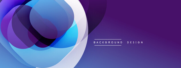 Abstract circles overlap, creating vibrant blue, purple hues. Gradient background transitions from light to dark shades. Modern design element.