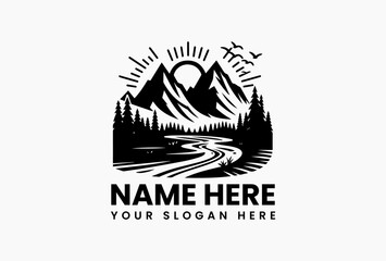 Contrasting black/white mountain range vector with celestial sun, flying birds and river cutting through pine forest. Nature conservation emblem  