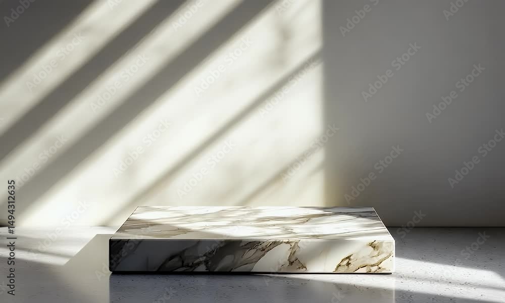 Poster 3d rendering of a marble stone table top with shadow and light on a grey wall background, a product 