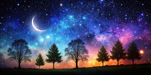 Dark canvas with silhouetted trees against a vibrant starry night sky with twinkling stars and a crescent moon, tree