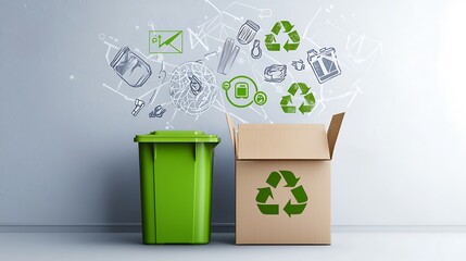 Recycling Concepts with Colorful Green Bin and Cardboard Box Against Gray Wall