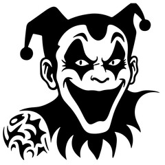 A sinister-looking jester with a tribal tattoo, illustrated in black and white.