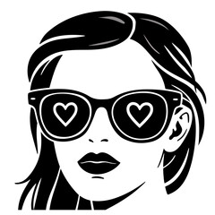 A woman wearing sunglasses with hearts in the lenses, illustrated in a black and white style.