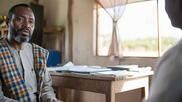 A pensive man in traditional attire with a patterned sash sits thoughtfully in his rustic office, listening or reflecting