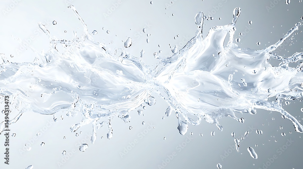 Poster splashes of clear water against a soft gray background with droplets and waves captured in mid-motio