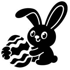 A cute bunny rabbit holding a decorated Easter egg, illustrated in a bold black silhouette.
