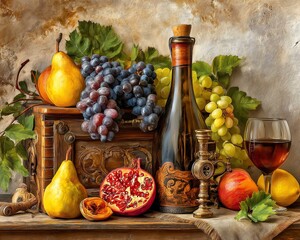 Vibrant watercolor still life of fruits and wine bottle A beautifully arranged still life with fresh fruits, a wine bottle, and a glass, showcasing vibrant colors and textures.