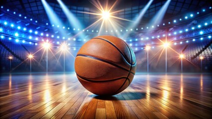 Obraz premium A shiny basketball sits solo on a polished floor surrounded by vibrant colors and lights of an electrifying sports venue, bathed in a brilliant spotlight, spotlight, athletics