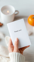 Obraz premium Minimalist Thank You Flyer Design Resting on Rustic Wooden Table With Pastel Decorations and Cozy Ambiance