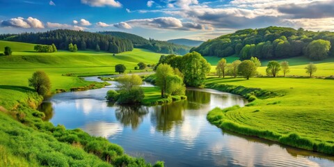 Obraz premium River in green field with trees and hills background, river scene