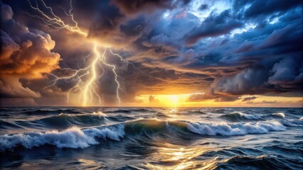 A dark and stormy sea with turbulent waves and a dramatic cloudy sky at sunset, with lightning illuminating the darkness, ocean waves, foreboding sea