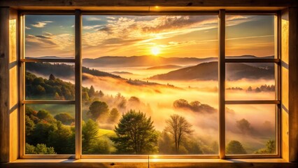 A serene sunrise view through a windowpane with warm golden light streaming in as morning mist ascends from a landscape of undulating hills and trees , sunrise, morning light