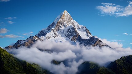 there is a very tall mountain covered in clouds on a sunny day