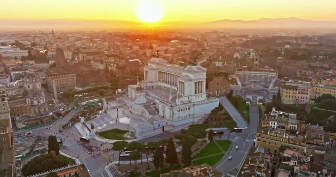 Aerial view of the national Monument to Victor Emmanuel II in city of Rome. Establishing shot of the Altare della Patria in Piazza Venezia. Famous iconic monument of the historic center of Rome