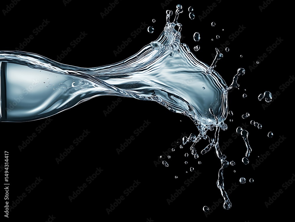 Poster dynamic splash of clear water from a bottle against a black background, capturing the essence of flu