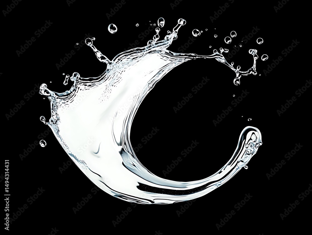 Poster dynamic splash of clean water creating a fluid shape against a black background