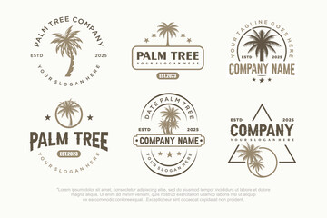palm tree island vintage icon set logo design , paradise adventure , vector minimalist illustration