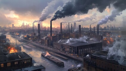 Industrial cityscape at sunset, shrouded in smoke from numerous factories and power plants, a waterway cuts through