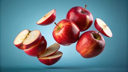 Freshly sliced red apple pieces floating in mid-air, showcasing vibrant colors and delicate texture, edible