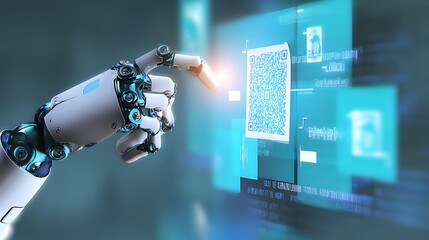 Futuristic Robot Hand Interacting with Digital QR Code and Data Visualization on Screen