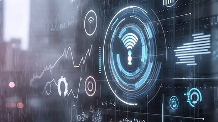 Futuristic Digital Interface with Abstract Technology Graphics and Data Visualization Elements in a Smart City Environment