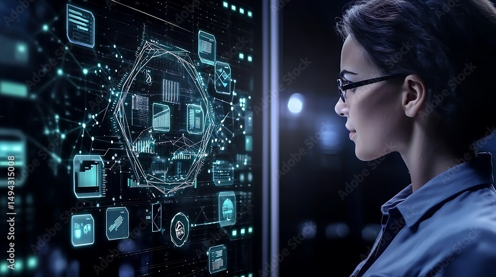 Poster focused woman analyzing digital data visualization on futuristic screen with glowing graphs and icon