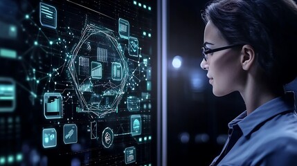 Focused woman analyzing digital data visualization on futuristic screen with glowing graphs and icons illustrating innovative technology and analytics