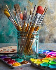 Fototapeta premium Wooden art palette with blobs of paint and a brushes A vibrant assortment of paintbrushes in a jar, surrounded by watercolor palettes, perfect for artists and creative projects.