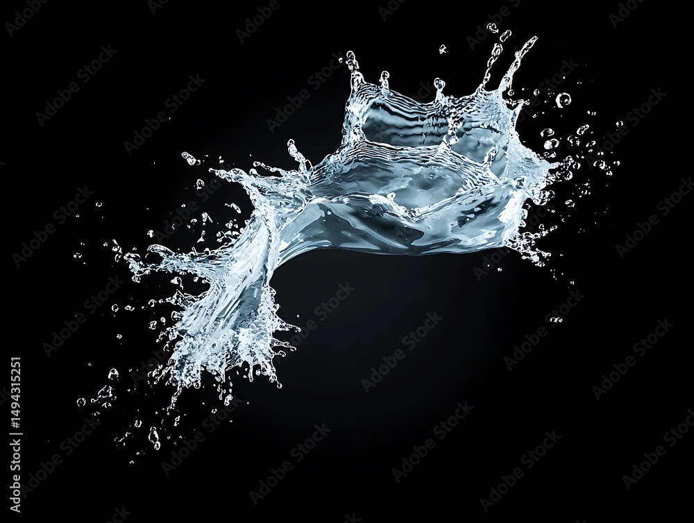 Poster high-speed splash of water isolated on black background with dynamic movement and crystalline drople