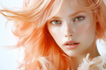 The glamorous golden blonde model with bright red lips and elegant hairstyle shows off her beauty and fashion.