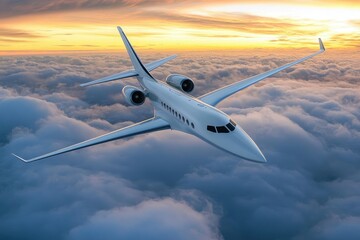 Luxurious private jet soaring above clouds at sunset