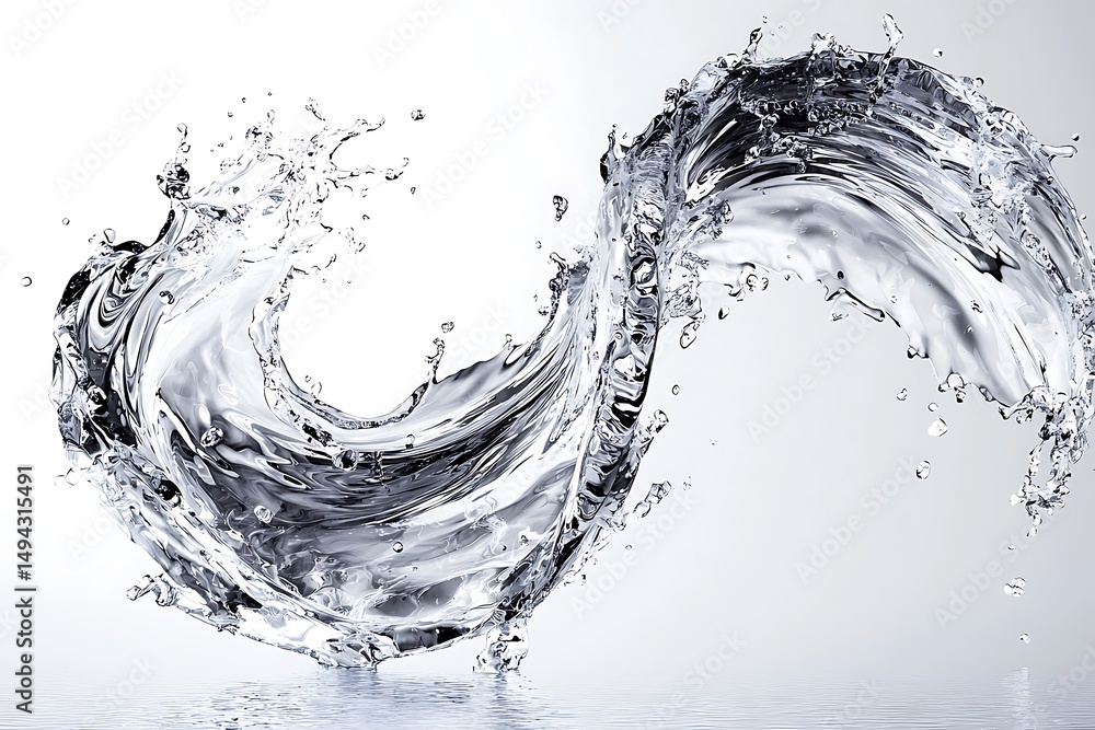 Poster dynamic water splash creating artistic movement with bright background and crystal clear elements