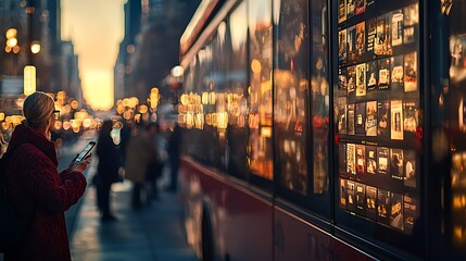 Obraz premium Urban Evening Scene with Woman Checking Phone Beside Brightly Lit Bus Stop Displaying Advertisements in City Streets