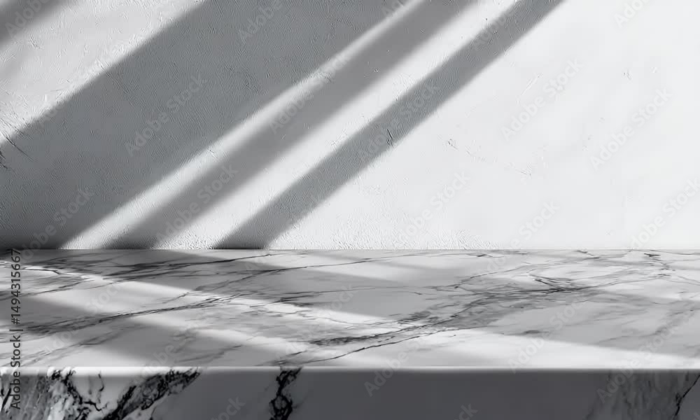 Poster 3d rendering of a marble stone table top with shadow and light on a grey wall background, a product 