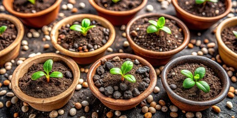 Tiny round pots filled with small green seedlings surrounded by soil and pebbles, round pots, organic