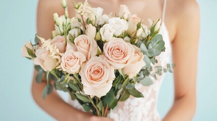 Naklejka premium Beautiful bride holding a delicate bouquet of soft pink and white flowers in a bright, serene setting