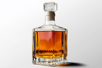 Transparent glass bottle containing brandy with brown to yellow colored liquid