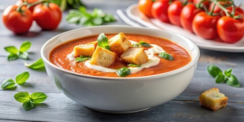 Creamy tomato soup in a white bowl with melted mozzarella cheese and crunchy croutons on top,foodie,  foodie, comfort food, dining