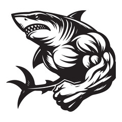 Aggressive Muscular Shark Mascot Illustration – Black and White Vector Art for Sports or Branding
