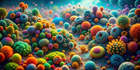 Microorganisms in a cellular landscape with colorful structures and patterns, showcasing diverse species in a vibrant environment, colorful microorganisms, microscopic life