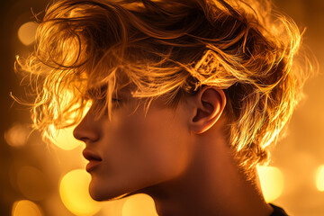 The glamorous golden blonde model with bright red lips and elegant hairstyle shows off her beauty and fashion.