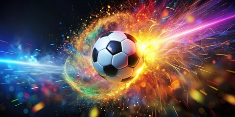 Fototapeta premium Vibrant explosion of a soccer ball releasing colorful sparks in slow motion amidst a blurred background , soccer ball, fast-paced action