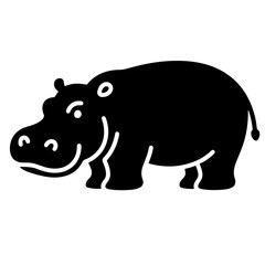 A happy hippopotamus illustration in a simple, black silhouette style.