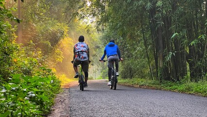Obraz premium Two people ride bicycles through a sunny forest path