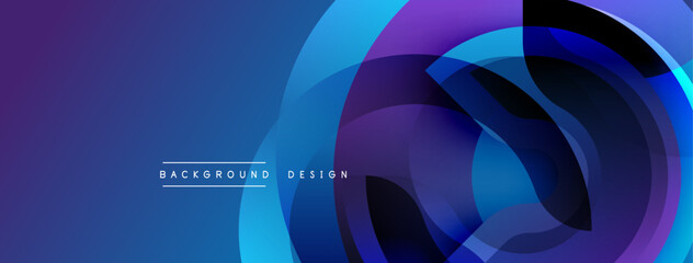 Abstract blue purple layers create dynamic flowing shapes. Modern design elements suggest movement, depth, energy. Background includes text labels.