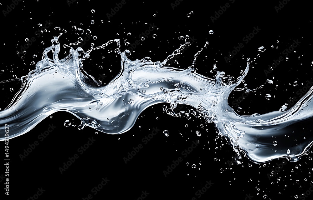 Poster flowing water splash on black background with dynamic movement and droplets emphasizing fluidity and